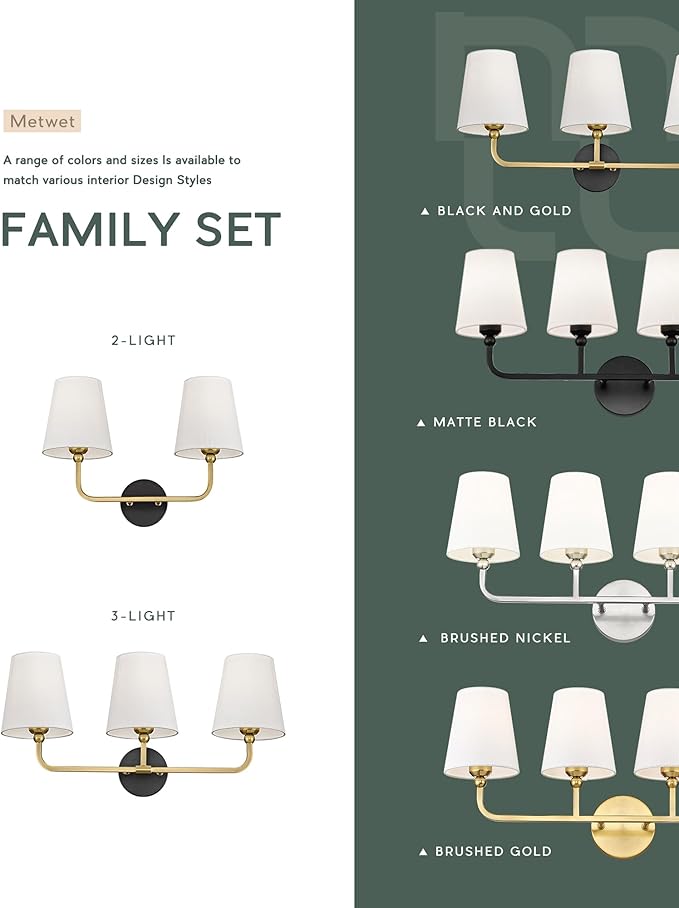 2-Light Bathroom Light Fixtures, Black and Gold Vanity Lights, Double Wall Sconce with Flared White Fabric Shade, Modern Sconces Wall Lighting for Hallway Bedroom Stairway, VL837-KG-2