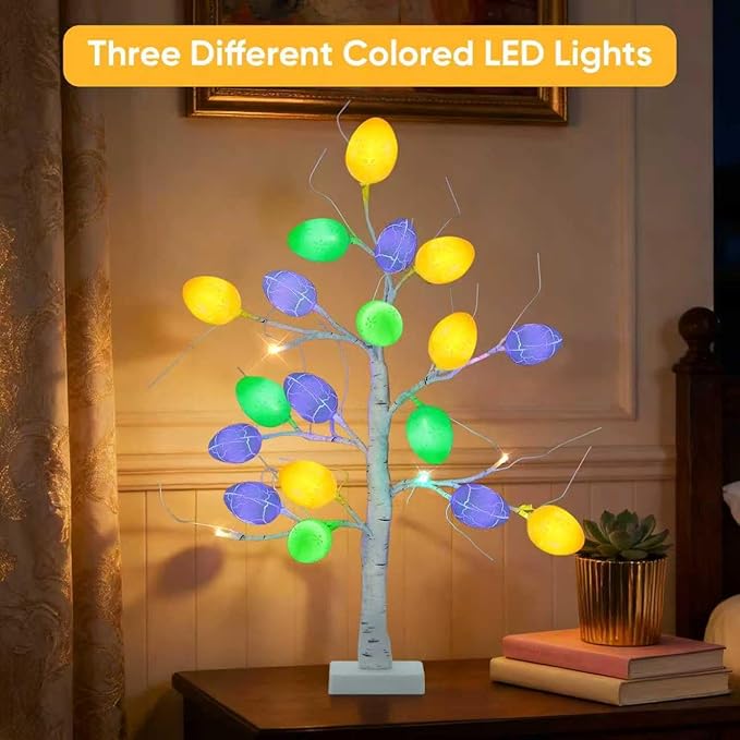 Easter Decorations Set of 2 Lighted 24 Inch Artificial Tree with 24pcs Easter Eggs, Colorful Easter Decor LED Lights, Light Up Tabletop Bonsai Tree for Table Home Holiday Spring Decors