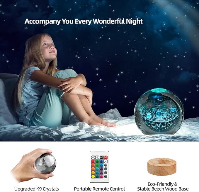 3D Solar System Crystal Ball Night Light with 16 Color LED Wooden Base, Upgraded 3.15 Inch Galaxy Planets Glass Ball Lamps with Remote for Birthday Christmas, Astronomy Space Gifts for Boys Girls