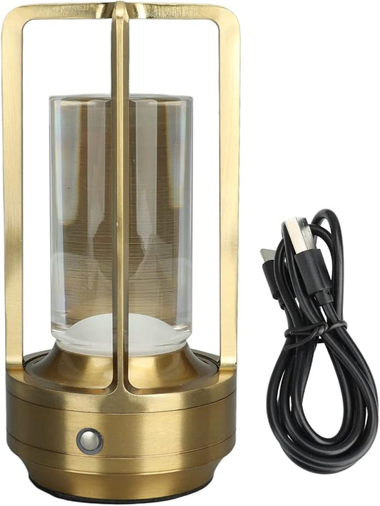 Cordless Table Lamp for Outdoor Indoor Rechargeable LED Crystal Lantern Lamp, 3 Color Stepless Dimming Touch Portable Metal Desk Lamp for Bedroom Restaurant Home Gold