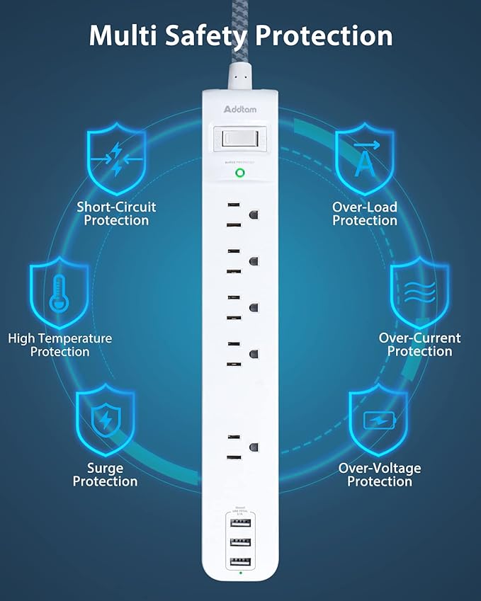 Surge Protector Power Strip - 10 FT Long Extension Cord with 5 Widely AC Outlets 3 USB Ports, Flat Plug with Overload Surge Protection for Home, Office, Dorm Essentials (2 Pack)