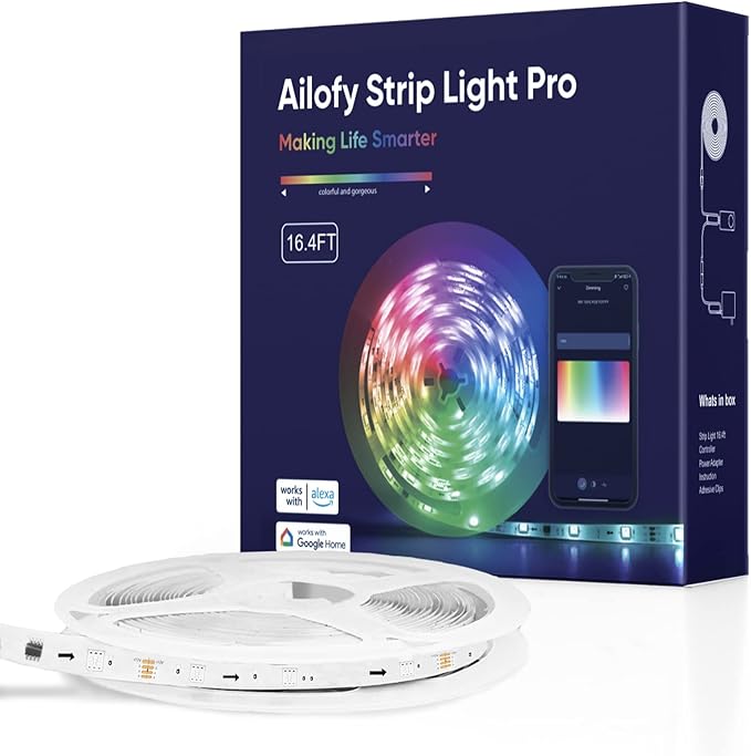 Ailofy Smart LED Strip Lights Pro 16.4ft, 16M Colors Changing, Multi-Scenes, App Control, Work with Alexa/Google Assistant, Dimmable, Sync with Music, WiFi LED Strips for Bedroom, Living Room