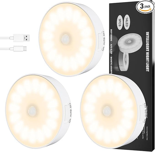 3 Pack Motion Sensor Light Indoor, Upgraded 14 LEDs Night Light USB Rechargeable, 3 Light Modes & Long Last Battery, Cordless Magnetic NightLight for Closet, Bedroom, Stairs - Warm White