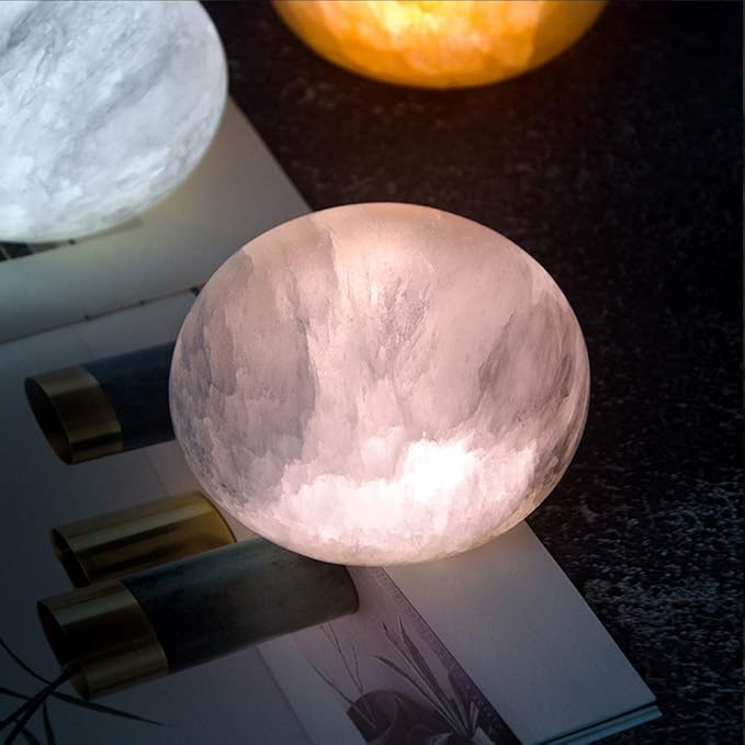 Selenite Lamp Hand Carved Stone Lamp Rechargeable Taplights Selenite Crystal Light with Dimmer (White/Warm/Yellow) for Bedroom Healing Natural Crystal Light (1 Piece, Round Taplight)