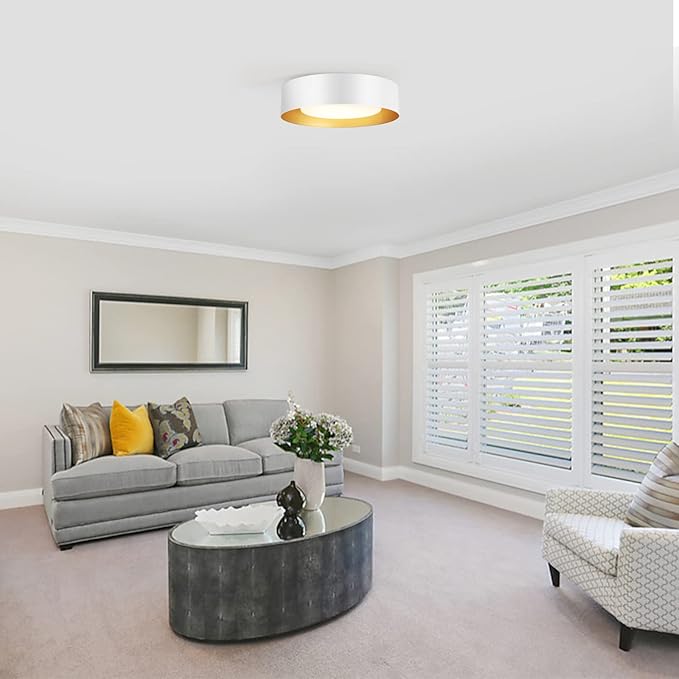 Modern White and Gold Flush Mount Ceiling Lights, 16.5" Minimalist Glass Round Ceiling Lighting, Drum Close to Ceiling Light Fixtures for Living Room, Bedroom, Dining Room, Kitchen, Hallways