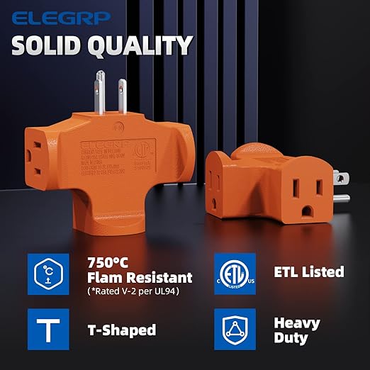 ELEGRP 3-Prong Heavy Duty Power Extender to Triple Outlet in T Direction, Multi-Directional Grounded Wall Tap Outlet Extender with 3 Prong Plug-in, 15-Amp, 125-Volt, ETL Listed, 3 Pack, Orange