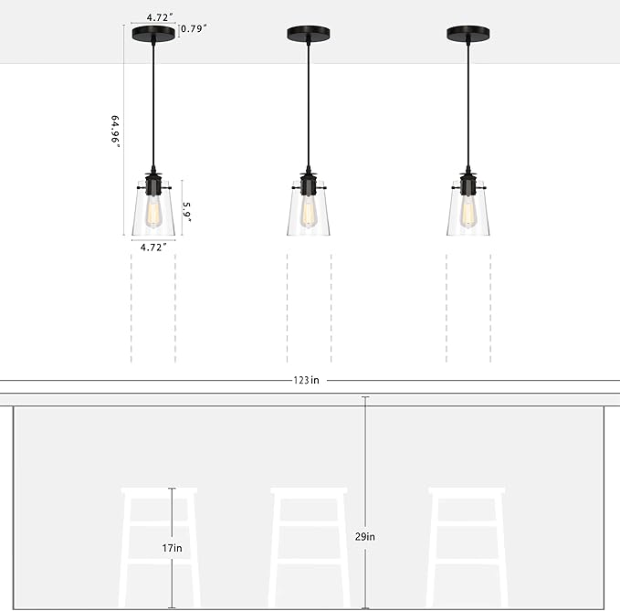 Modern Farmhouse Minimalist Pendant Light, 5.91" Glass Shade Hanging Fixture with 55" Adjustable Cord, E26 Socket for Kitchen Island, Bedroom, Hallway, Bar, Black 1pcs