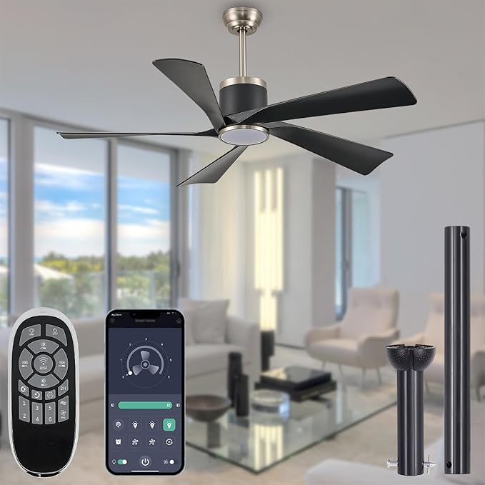 Ceiling Fans with Lights,52 inch Black Ceiling fan with App and Remote Control,Reversible modern DC ceiling fans,3CCT,Dimmable,Noiseless,Ceiling Fan for Bedroom,Living Room,Indoor/Outdoor Use