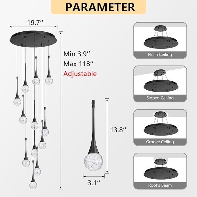 118 inches Modern Glam Crystal Chandelier for High Ceiling LED Dimmable Ceiling Pendant Light Staircase Foyer Enterway Living Room Chandelier Lighting Black 12 Lights