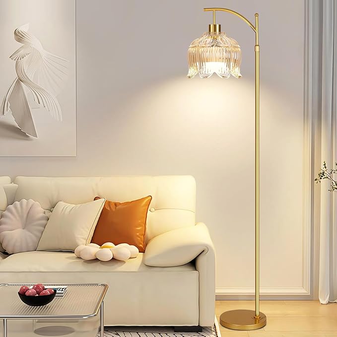 Floor Lamp for Living Room,Bedroom,Gold Dimmable Standing Lamp with Remote,Mid Century Modern Brass Tall Lamp Boho Floor Lamps Arc Stained Glass Tulip Flower Floor Light Lamp Girls Bohemian