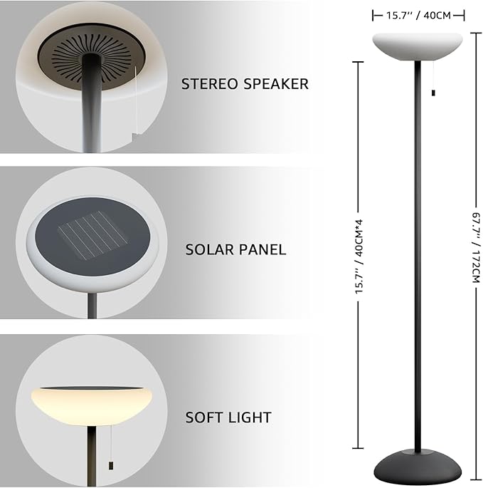 Solar Outdoor Floor Lamp USB Portable Speaker Dimmable LED Rechargeable RGB Warm White Lights for Yard Garden Patio(Cone Base)