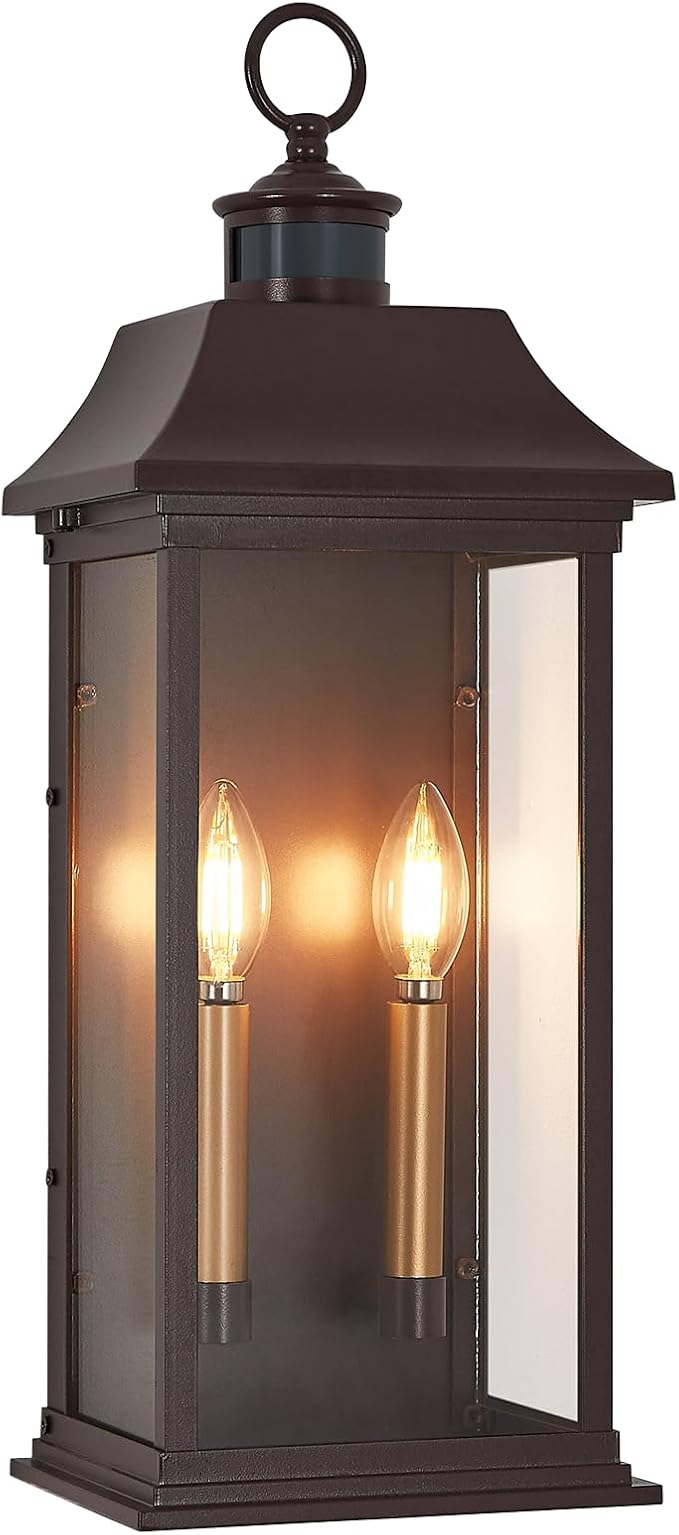 Dusk to Dawn Motion Sensor Outdoor Wall Lantern 2-Light,21.1" Large Exterior Wall Sconce Lighting,Modern Brown Wall Light Fixture with Glass, Waterproof Exterior Lamp for Patio, House, Porch, Garage