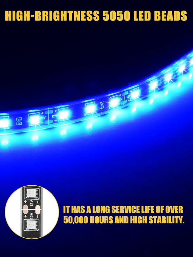 Led Light Strip Exterior Interior 24inch 5050 SMD Led Strip Light IP68 Waterproof Flexible Lights 12V for Car SUV Truck Marine Boat Golf Cart Blue Pack of 4