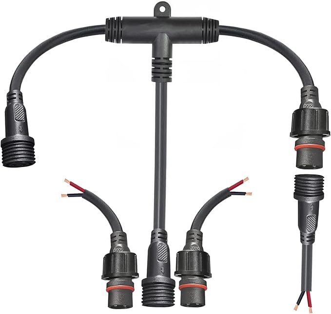 2pin Waterproof Connector,IP68 2 Core 2 pin T Shape Tee Connector,with 16WAG 1 Male Ends 2 Female End,LED Extension Cable for Car,Boat,Indoor/Outdoor LED Strip Lights.