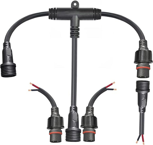 2pin Waterproof Connector,IP68 2 Core 2 pin T Shape Tee Connector,with 16WAG 1 Male Ends 2 Female End,LED Extension Cable for Car,Boat,Indoor/Outdoor LED Strip Lights.