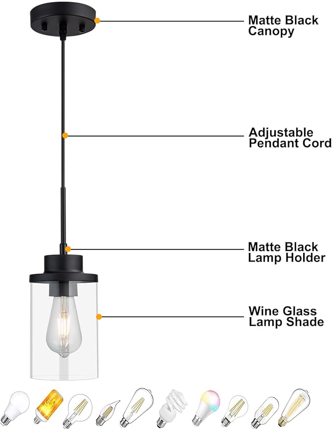 Modern Black Farmhouse Clear Glass Cylinder Pendant Light Fixture, Single Hanging Pendant Lighting for Kitchen Island, Dining Room, Foyer & Hallway(2 Packs)