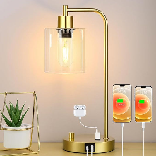 Gold Industrial Table Lamp with USB A+C Ports & Outlet, Fully Stepless Dimmable Modern Nightstand Lamp, Glass Shade Bedside Desk Lamp for Bedroom Living Room Office, 8W 2700K LED Edison Bulb Included