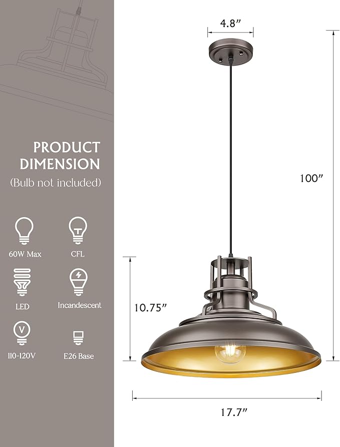 FEMILA 18" Outdoor Pendant Lights for Porch, 2 Pack, Farmhouse Pendant Light, Barn Vintage Hanging Light Fixture for Kitchen Island, Adjustable Height,Oil Rubbed Bronze Finish, 4FY15-MP-L-2 ORB