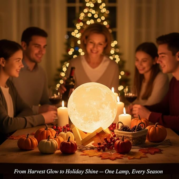 Mydethun 3D Moon Lamp, 9.6' Large Night Light with Wooden Base, Touch-Dimmable & Rechargeable, Gift for Mom, Bedroom, Home Décor, Dual-Color White/Warm Yellow