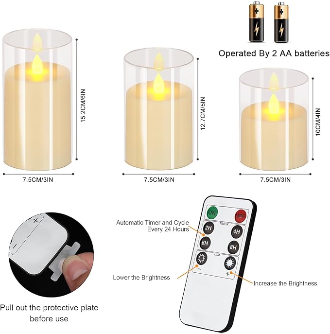 Flameless Candles 4" 5" 6" Set of 12 Acrylic Glass Pillars 3" Diameter Battery Operated Flickering Candles Include 8-Key Remote with Timer Function 400+ Hours (Pure White, 12 Pack)