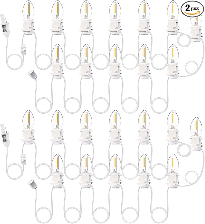 Leelosp 2 Pack Christmas Village Light Cords with 24 C7 LED Bulbs and Outlet, Each 16.4 ft Blow Mold Light Cords for Christmas Village Accessories Holiday Tree Decor and Craft Projects