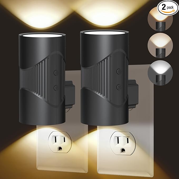 easuntec Night Lights Plug into Wall, Plug in Night Light, Night Light, Dusk to Dawn Light Sensor, 3 Light Modes, Dimmable Night Lights for Bedroom Bathroom Hallway Kitchen Stairs (Black, 2 Pack)