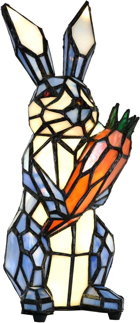Bieye L10885 Rabbit Holds Carrot Tiffany Style Stained Glass Accent Table Lamp for Home Decor (Blue)