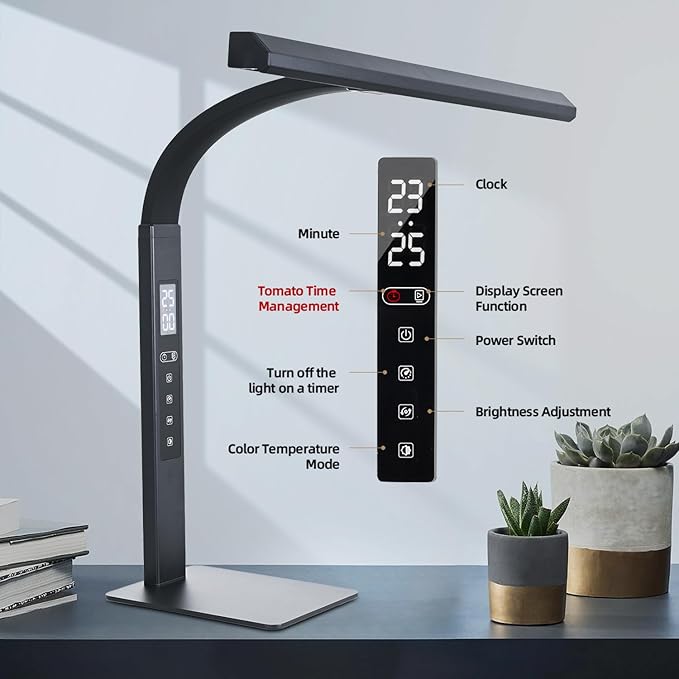 LED desk lamp for home office, architect computer work light,Touch color temperature stepless dimming and adjustable flexible gooseneck tube. desk lamp with clock , suitable for reading and studying.