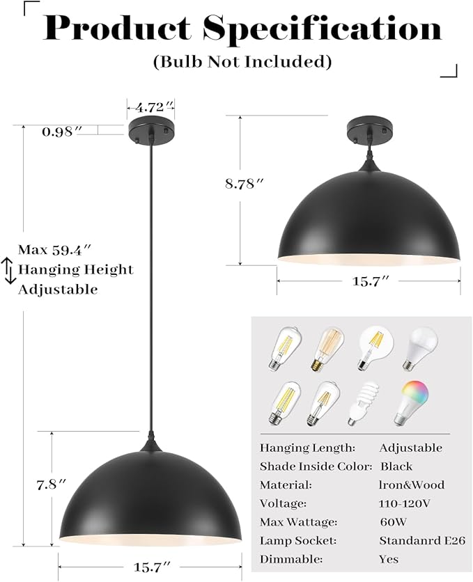 Large Dome Pendant Lights Kitchen Island, 16 Inch Black and White Dome Pendant Light, Black Farmhouse Pendant Light, Large Black Pendant Lights for Kitchen Island 1 Pack