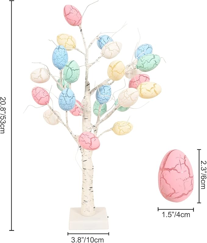 Easter Decorations kemooie 24 inch Pre-lit White Birch Tree with 24pcs Easter Egg Ornaments, 24 Led Lights Battery Operated Table Centerpiece for Party Birthday Home Spring Decoration Indoor Use