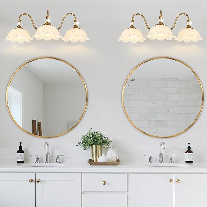Vintage Bathroom Vanity Light, 3-Light Matte Brass Finish Vanity Light with Floral White Glass Shades, Retro Wall Sconce for Bathroom, Dressing Table