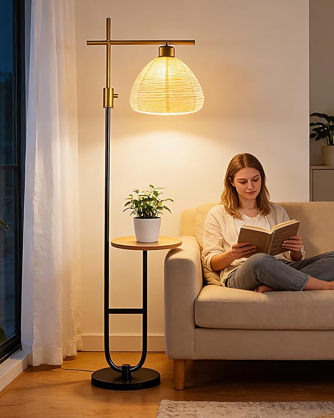 66IN Gold&Black Dimmable Floor Lamps with Storage Table, Modern Standing Tall Lamp with Milky White Lampshade, Cross-Shaped Lamp Head and U-Pole Base Style for Living Room/Bedroom
