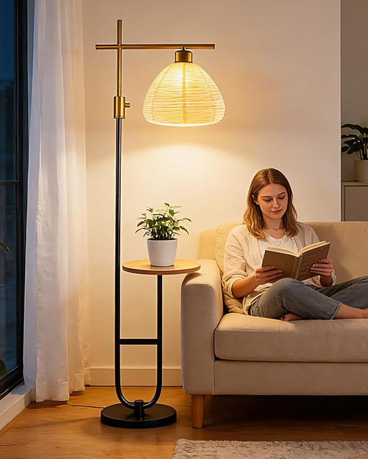 66IN Gold&Black Dimmable Floor Lamps with Storage Table, Modern Standing Tall Lamp with Milky White Lampshade, Cross-Shaped Lamp Head and U-Pole Base Style for Living Room/Bedroom