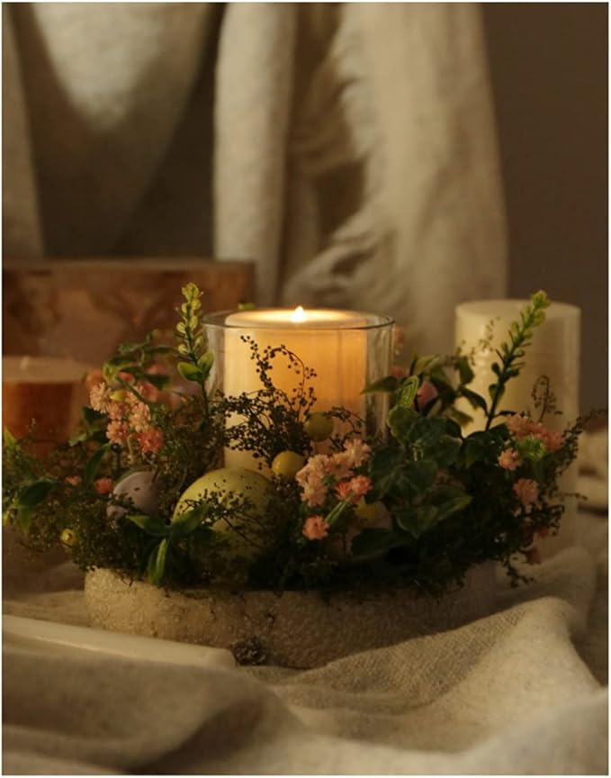 Colorful Easter Eggs Glass Tealight Candle Holder Cup, Candle Sticks lamp Tea Light Candlestick Holder with Artificial Plants Flowers for Spring Easter Home Table Centerpiece Decors (Exclude Candles)