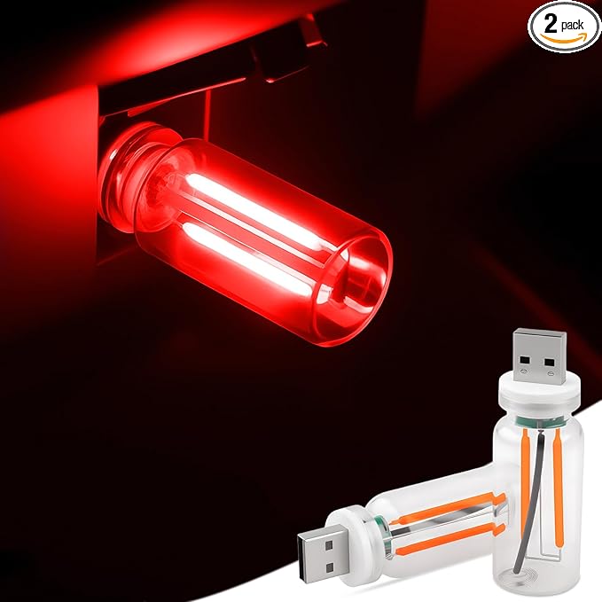 2 PCS Car USB Lights, Plug-in Retro Car Atmosphere Lamp with Touch Dimmable, Portable Mini Glass Bottle LED Bulb Night Lights for Vehicle Bedroom Hallway Camping Holiday Decoration (Red)