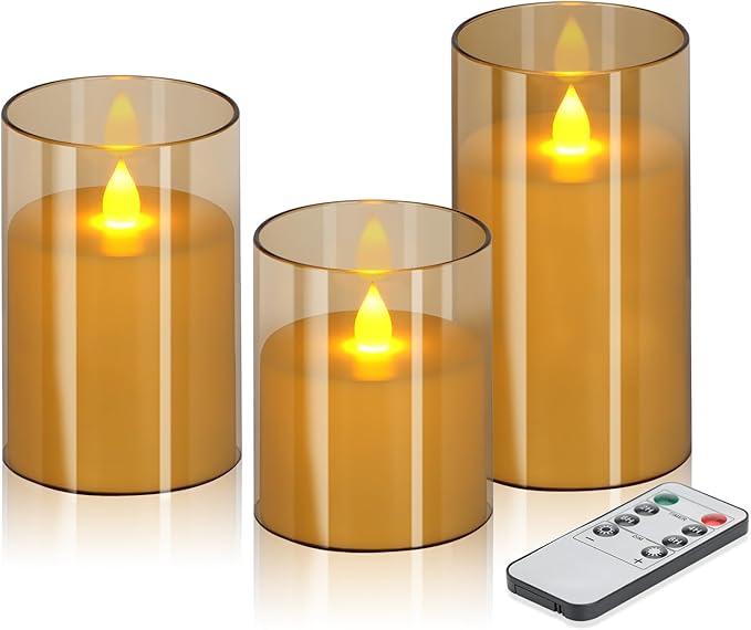 Flameless Candles 4" 5" 6" Set of 3 Acrylic Glass Pillars 3" Diameter Battery Operated Flickering Candles Include 8-Key Remote with Timer Function 400+ Hours (Amber, 3 Pack)