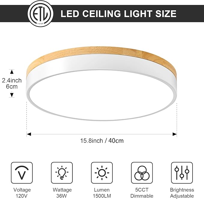 Dimmable Wood LED Ceiling Light Fixture, White Round Low Profile Flush Mount Ceiling Lighting, Modern 5CCT 2700K-6000K Ceiling Lamp for Living Room Hallway Kitchen Bedroom, 15.8in, YY20240516D