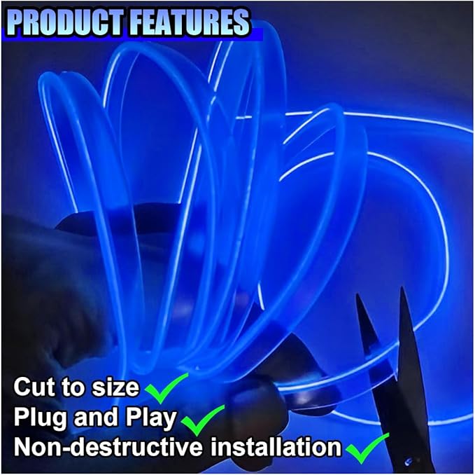EL Wire Car Interior LED Strip Lights, 5V 16FT Neon Light Strip with Sewing Edge, USB Electroluminescent Car Interior Lights with Fuse Protection, Vehicle Ambient Lighting Decorations (Blue)