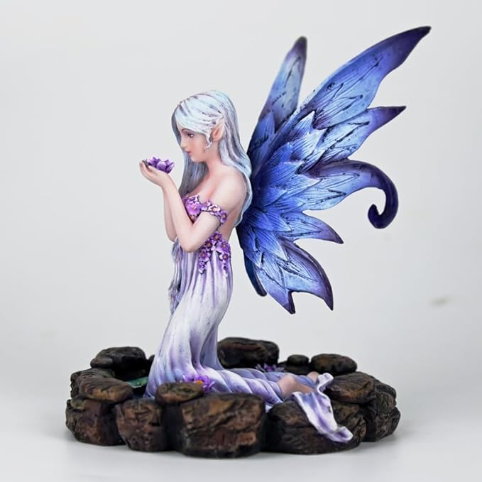 Fantasy Blue-Purple Flower-Holding Fairy Figurine, 16cm Gradient Wings Elf Statue, Hand-Painted Resin Decor for Ritual Space, Vanity & Garden