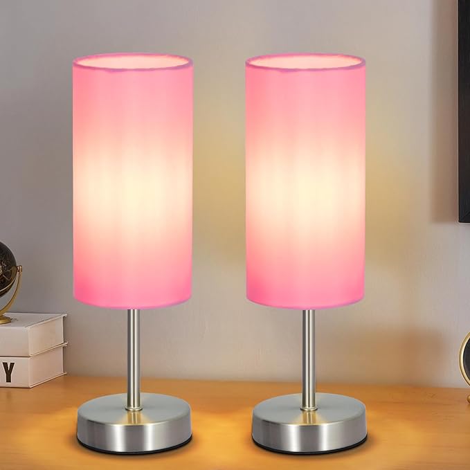 2 Pack Small Table Lamps for Bedroom, Bedside Lamps for Nightstand with Wire Switch, Minimalist Modern Desk Lamps with Linen Fabric Shade for Kids Room Living Room Office Dorm, Bulb Included