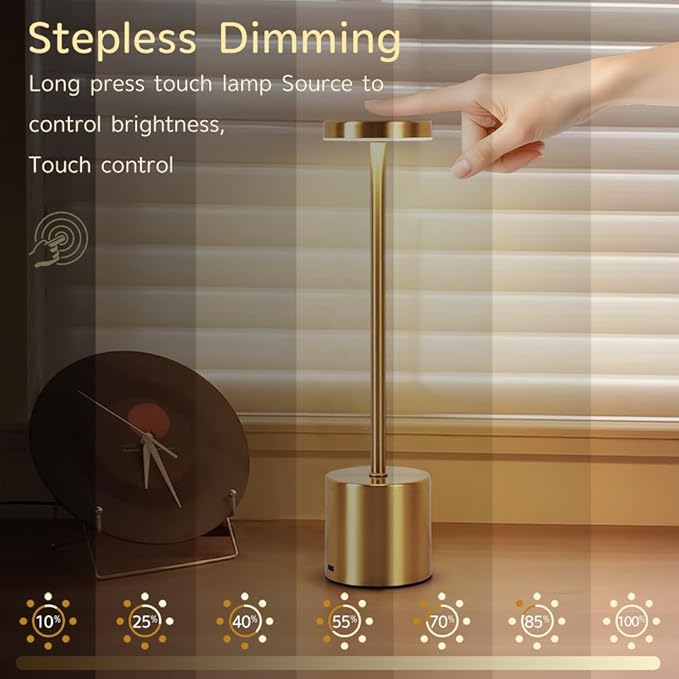 2 Pack LED Rechargeable Cordless Table Lamps,Portable Outdoor 5000 mAh Battery Operated Table Light Touch Control 3 Color Dimmable Touch Lamp for Patio/Cofee/Restaurant/Camping/Dining/Bedroom-Gold