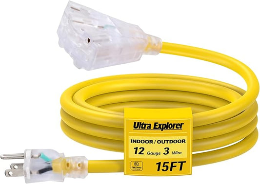 15 Ft Lighted Outdoor Extension Cord with 3 Electrical Power Outlets - 12/3 SJTW Heavy Duty Yellow Extension Cable with 3 Prong Grounded Plug for Safety, UL Listed