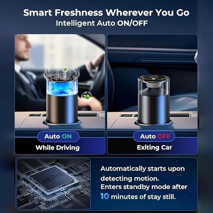 Waterless Essential Oil Diffuser for Home Aromatherapy Scent，Small Smart Car Diffuser Air Freshener,Auto Start & Stop Colorful Ambient Lighting Smart Spray 4 Settings Modes,Gifts for Men Women