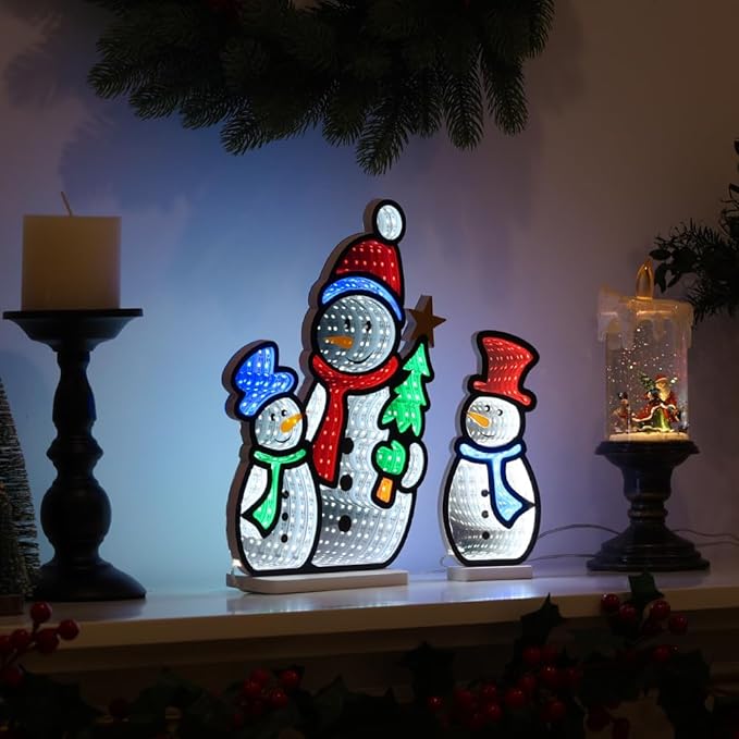 MEETYAMOR Christmas Decorations Indoor, Set of 3 Snowman Infinity Mirror Tunnel Light for Christmas Decor, Night Lights with Endless Extension for Home Mantel Table Centerpiece Lamp Xmas Decorations