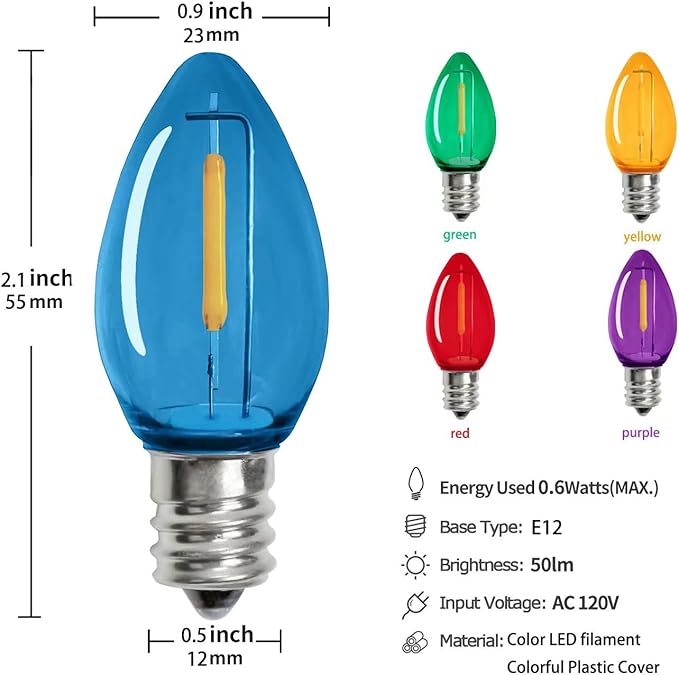 Multicolor C7 Christmas Replacement LED Light Bulbs, E12 Chandelier Base Commercial Grade Holiday Bulbs, 5W 6W 7W Incandescent Equivalent, Colorful Plastic Bulbs for Christmas String Light - 25 Pack