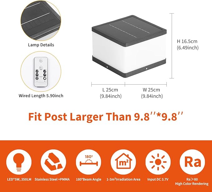 Solar Post Lights Outdoor, 9.8'' Pillar Cap Lights IP54 Waterproof, 3000K LED Column Light Modern Dusk to Dawn Lamp, Fence Lantern Posts Outdoor Lighting Lamps Fixture for Garden Pathway Driveway