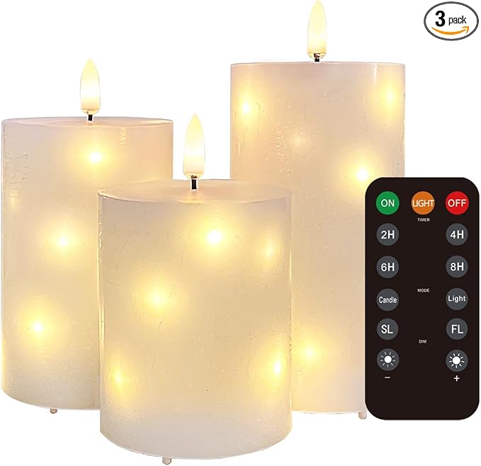 Rechargeable Flameless Candle, Flickering LED Pillar Real Wax Candle, Electronic Candle with Remote Control and Timer, USB Rechargeable, Set of 3