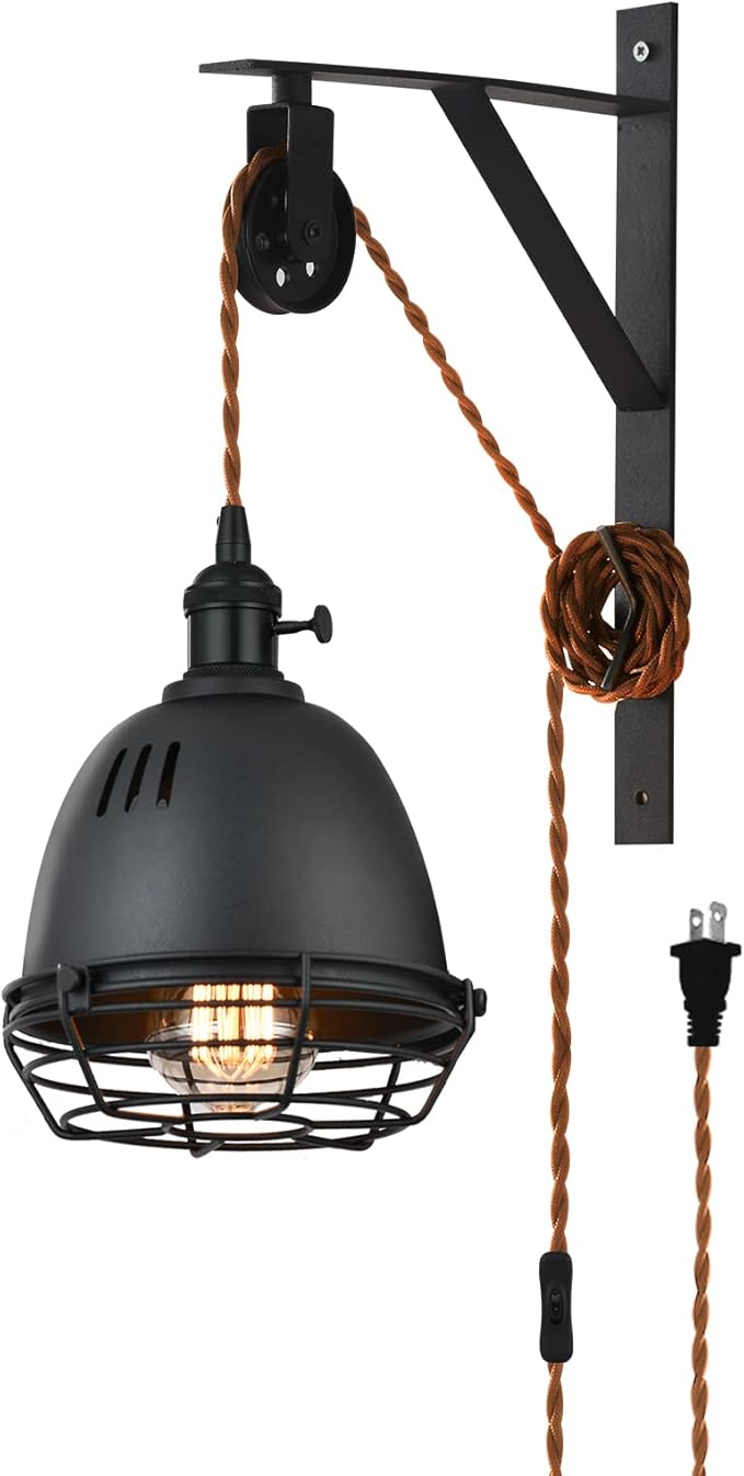 SEEBLEN Vintage Design Industrial Wheel Farmhouse Wall Mount Pulley Wall Pendant Lamp with 7-Foot Brown Plug and Switch, Adjustable Wall Sconce Sand Black Lampshade and Iron Cage Wall Light