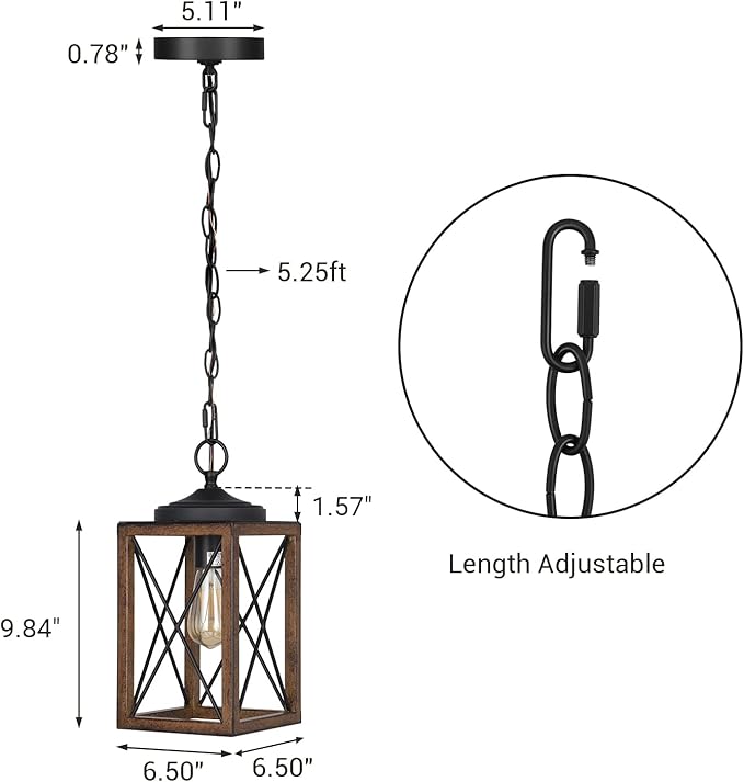 EDISHINE Farmhouse Pendant Light, Metal Hanging Light Fixture with Wooden Grain Finish, 63 Inch Adjustable Chain for Flat and Slop Ceiling, Kitchen Island, Bedroom, Dining Hall, E26 Base, 1 Pack