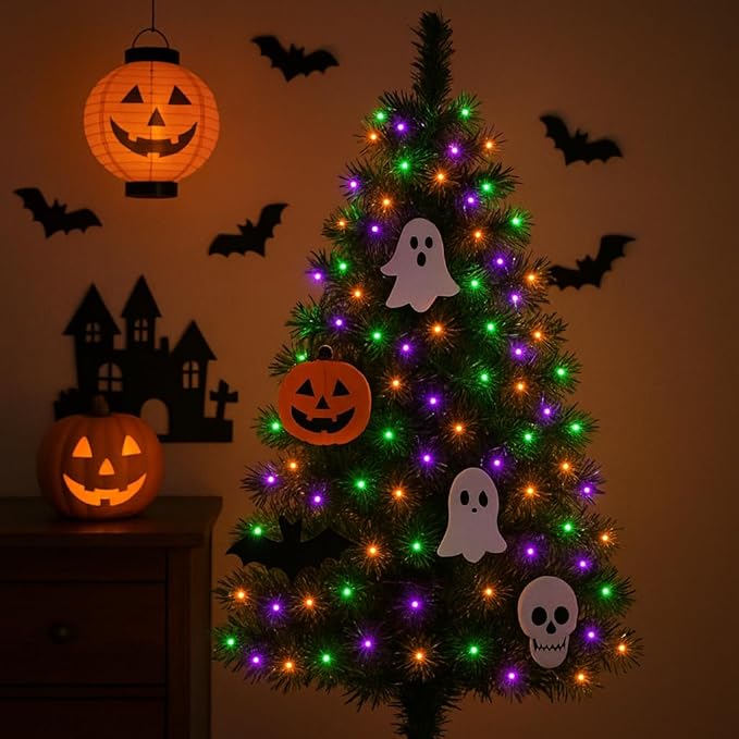 LAMPHOME 50 LED Outdoor Halloween Lights, 16 FT Mini String Light with 9 Modes & 6 Hour Timer, Waterproof Battery Operated for Indoor Outdoor Patio Garden Party Tree Decoration, Orange Purple Green